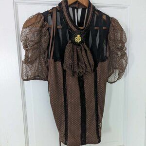 Steampunk-inspired brown blouse w/ detachable kraken brooch